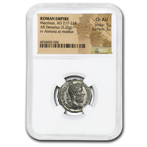 Roman Silver Denarius Macrinus (217-218 AD) Ch AU NGC Roman Silver Denarius Macrinus (217-218 AD) Ch AU NGC